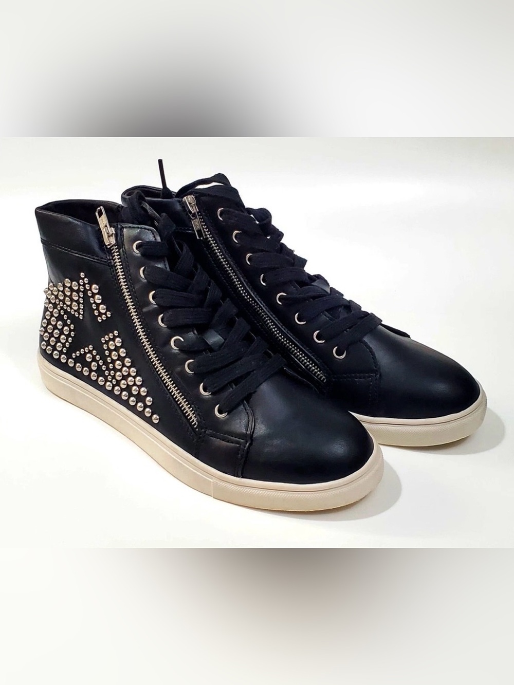 Steve Madden N Y Lace & Zipper Silver Studs Black Boots - Size 5 wm size 3 kids
